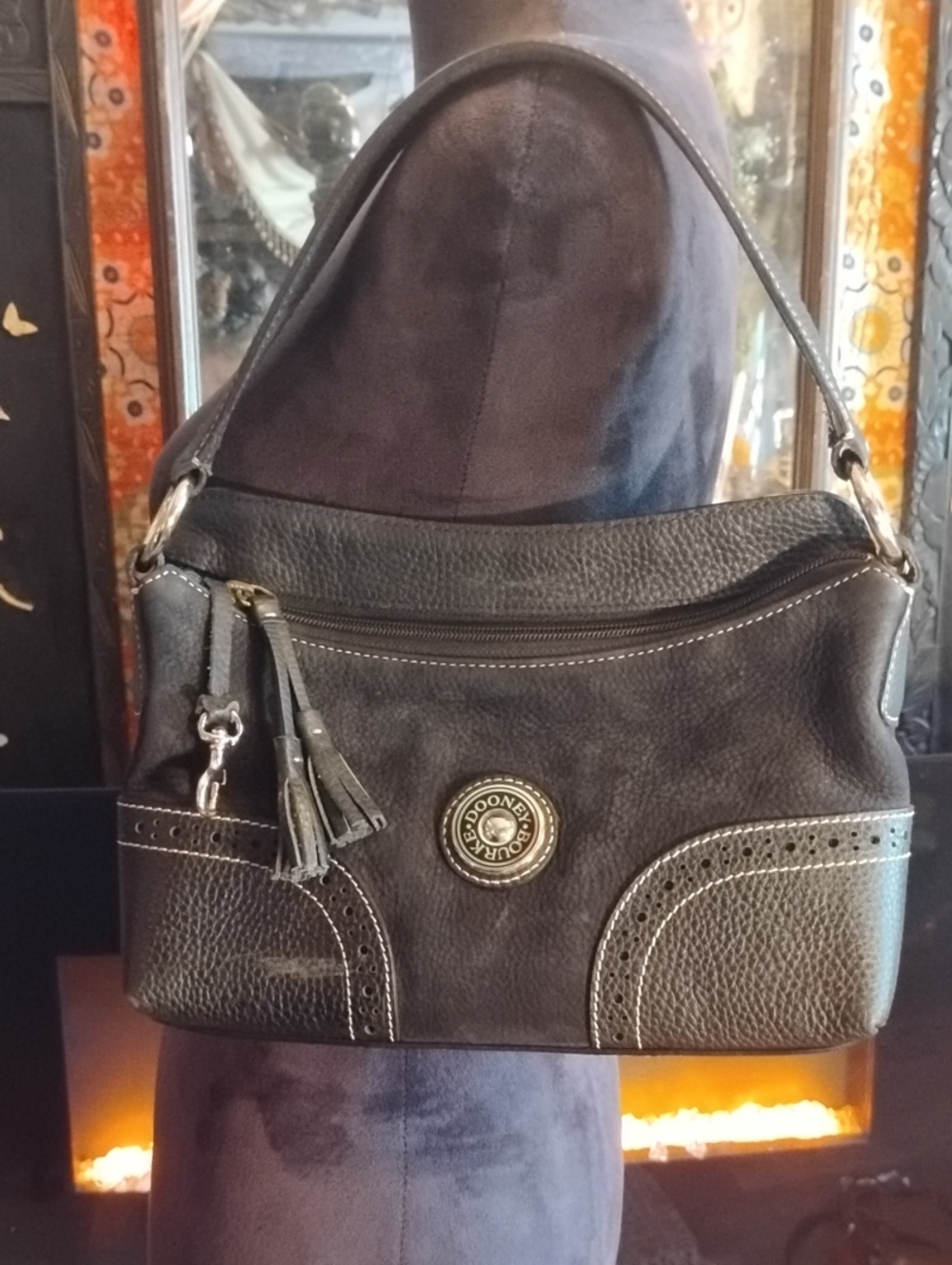 Vintage Dooney & Bourke Black Leather Shoulder Bag with Tassel Accent - Picture 3 of 17